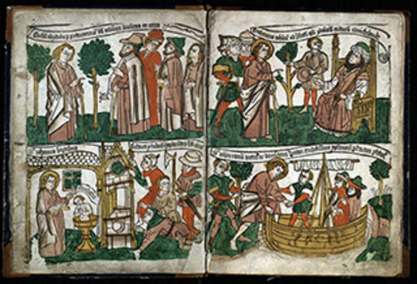 Foto eines Blattes aus dem Blockbuch "Apocalypsis" um 1465. Es sind Collagen dargestellt und die Seite ist farbreich.