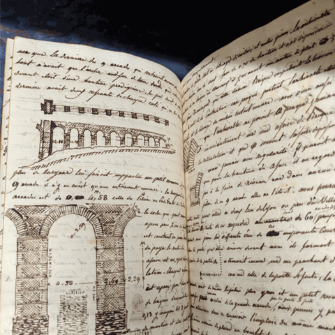 Ein Foto von handschriftlichen Notizen mit Zeichnungen von Jakob Ignaz Hittorff, mit dem Titel "Memoire" von 1842.