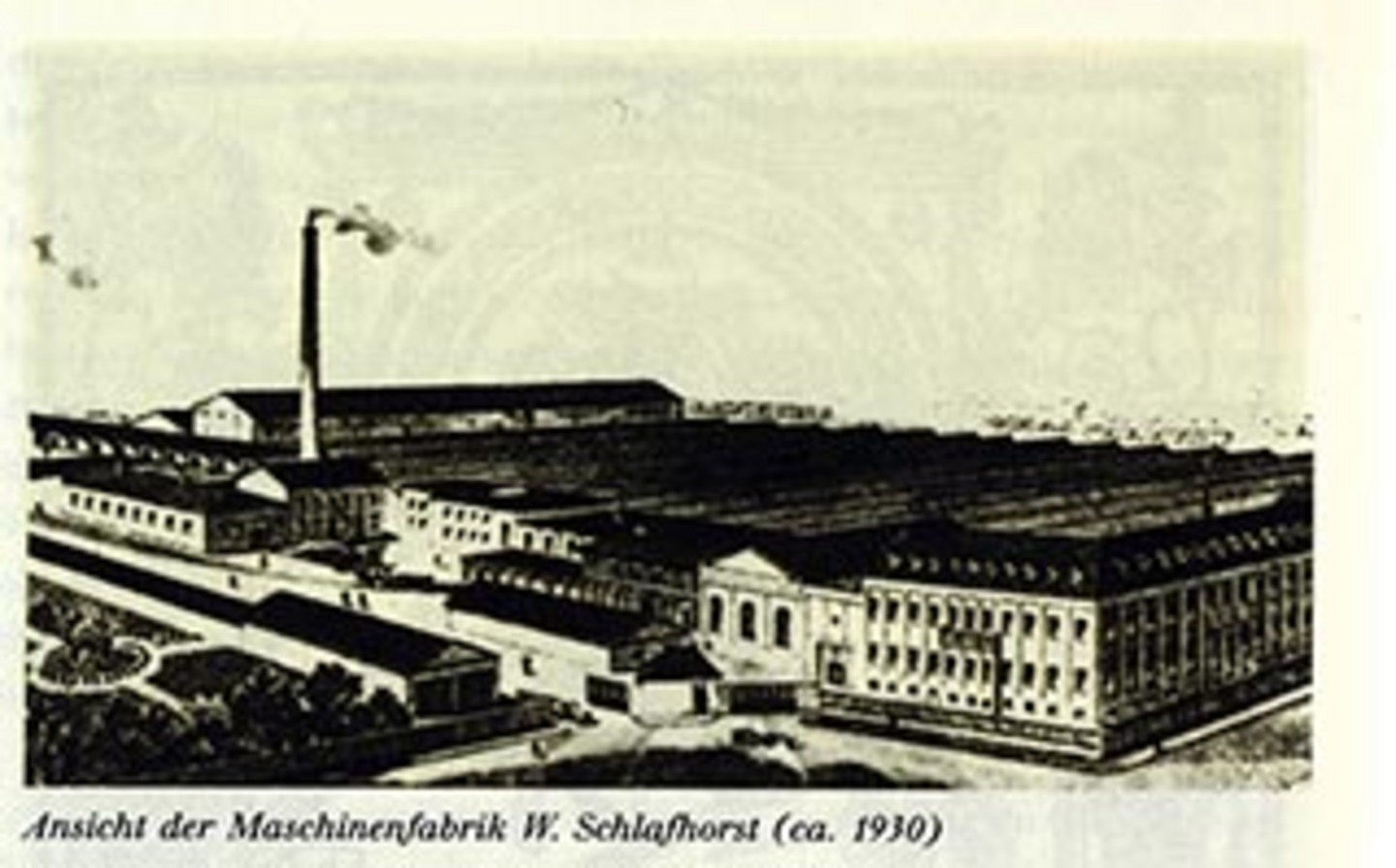 Ein Foto mit der Ansicht der Maschinenfabrik "W. Schlafhorst & Co." ; circa aus dem Jahr 1930.
