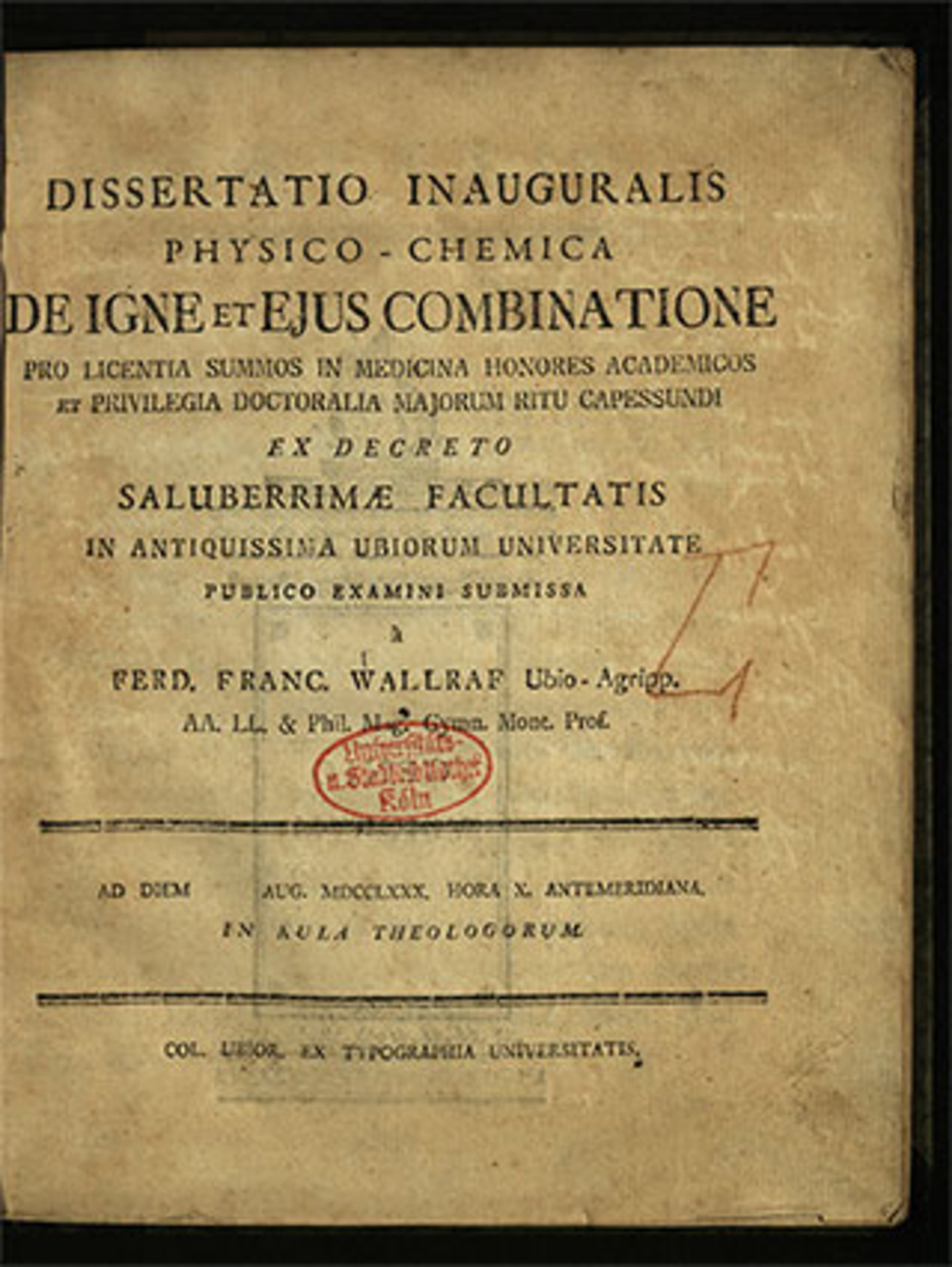 Foto des Titelblatts von Wallraf, Ferdinand Franz: Dissertation Inauguralis Physico-Chemica De Igne Et Eius Combinatione, aus dem Jahr 1780.