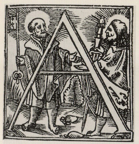 A depiction of the initial "A" from Johannes Gropper; two men can be seen in the background. The men radiate holiness.