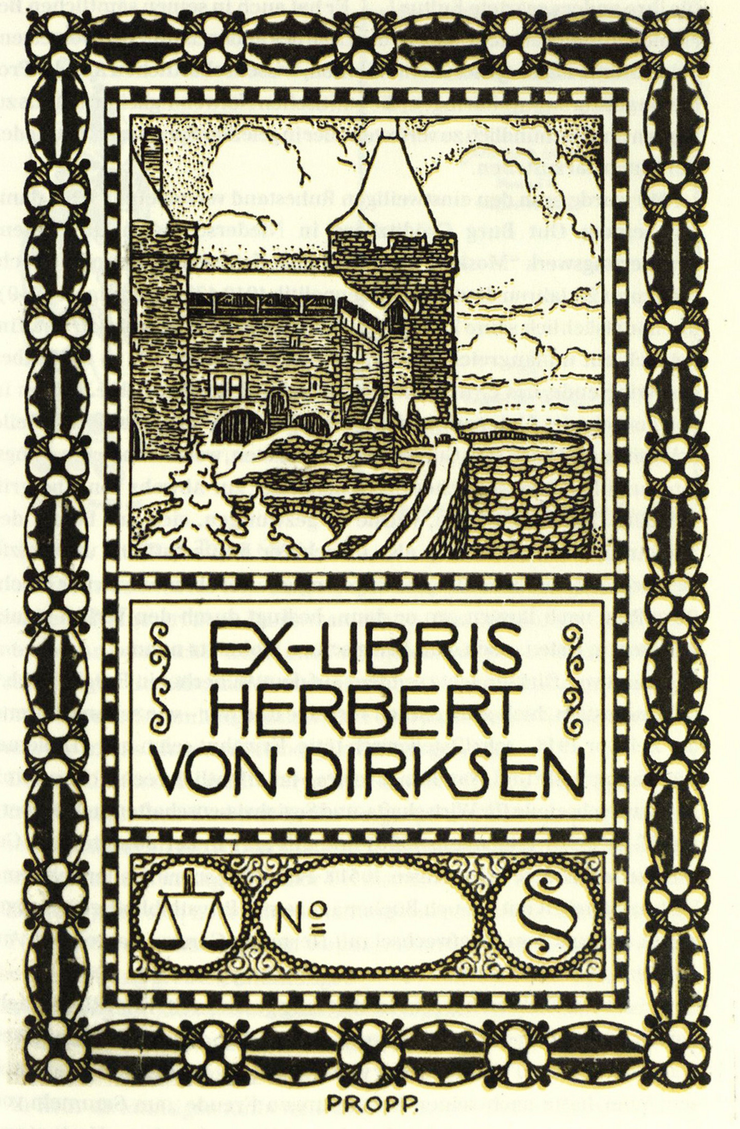 Eine Abbildung den Eigentumsstempels von Herbert von Dirksen mit einer Zeichnung einer Burg und juristischen Symbolen.