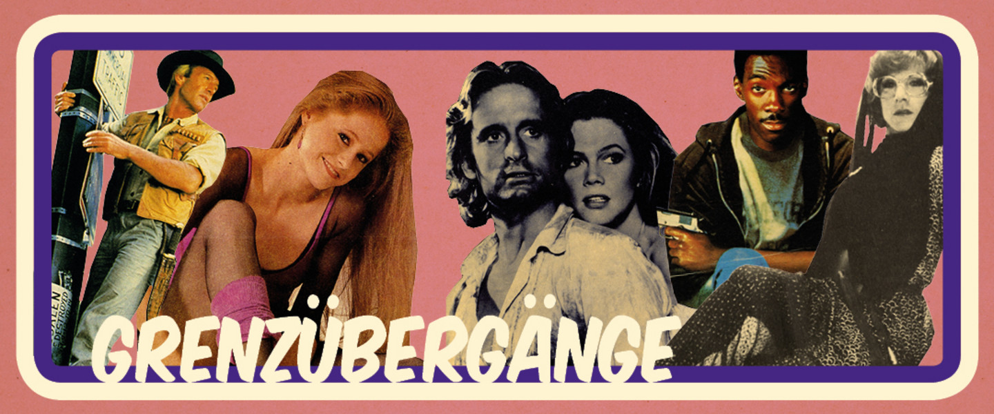 Collage aus Filmplakaten, zu sehen sind unter anderem Michael Douglas und Eddi Murphy, Hintergrund rosa