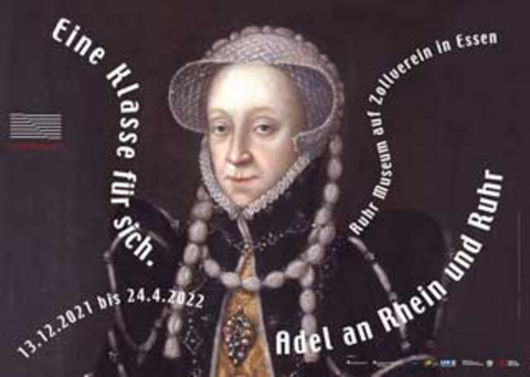 Portrait of a member of the nobility. Around it is white writing with the title of the exhibition.