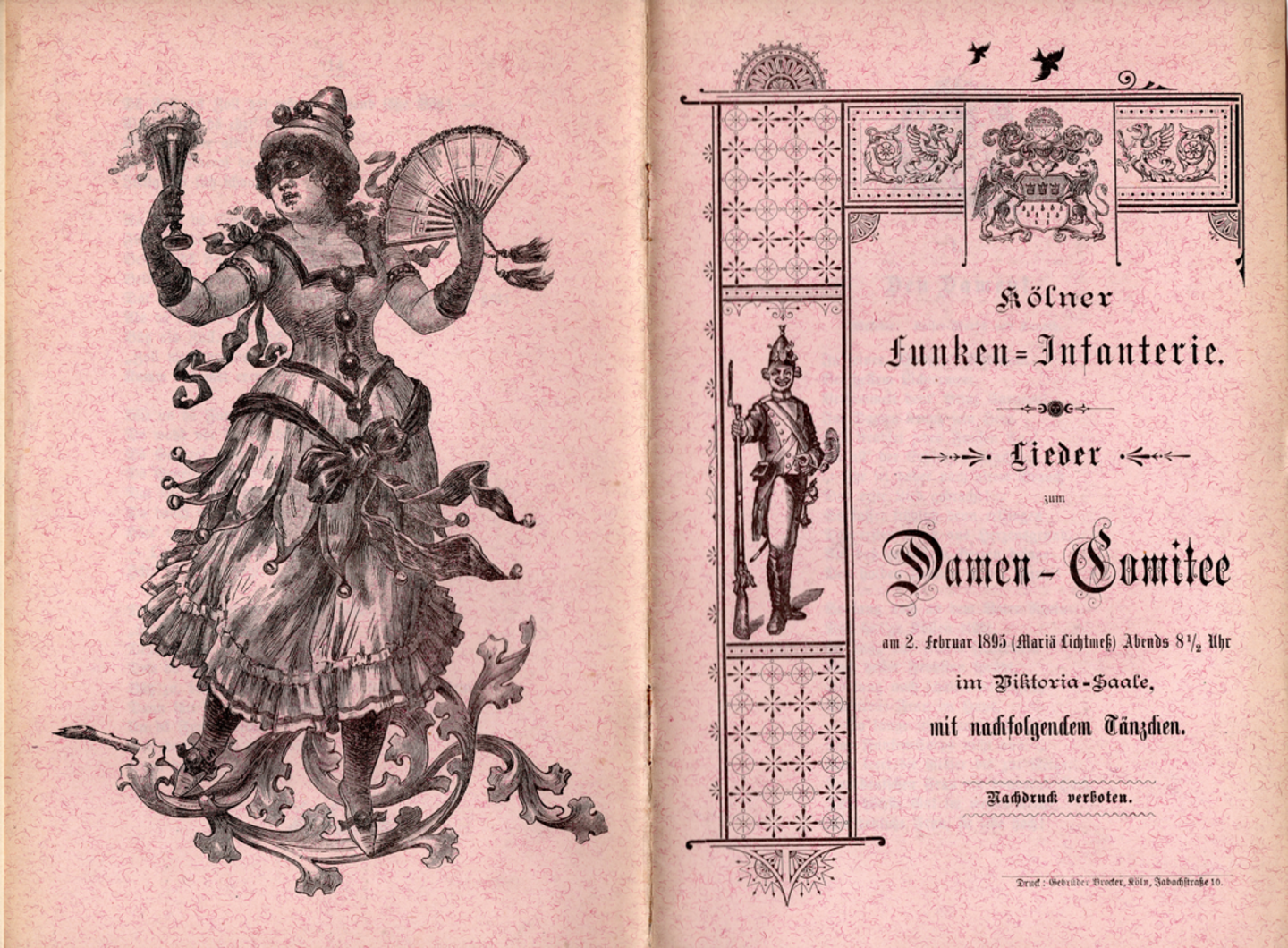 Vorder- und Rückseite des Liederheftes zum Damen-Comitee am 2. Februar 1895 im Viktoria-Saale