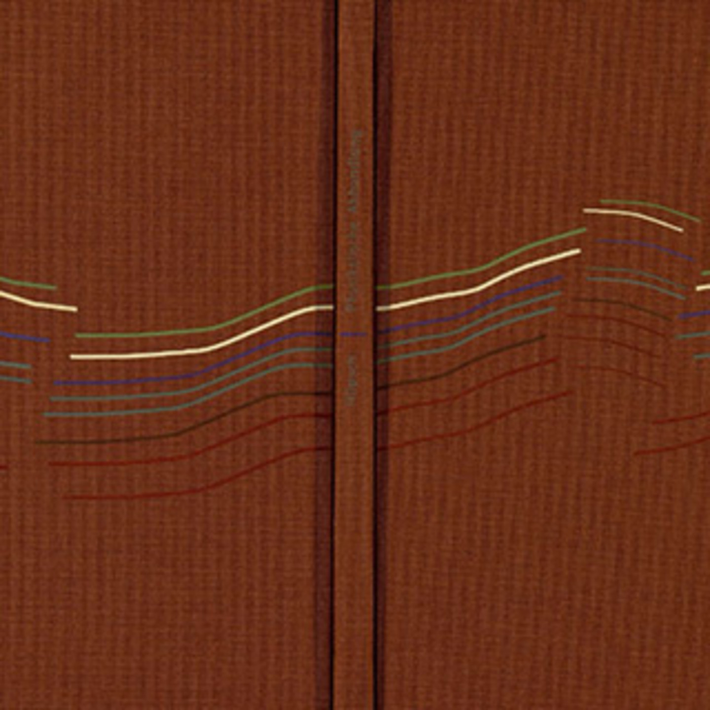 Dunkelrotes Buch mit abstrakten feinen Linien.