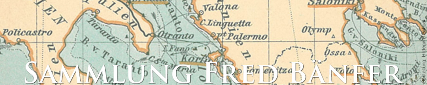 Der Banner zeigt eine historische Weltkarte mit der Aufschrift "Sammlung Fred Baenfer".