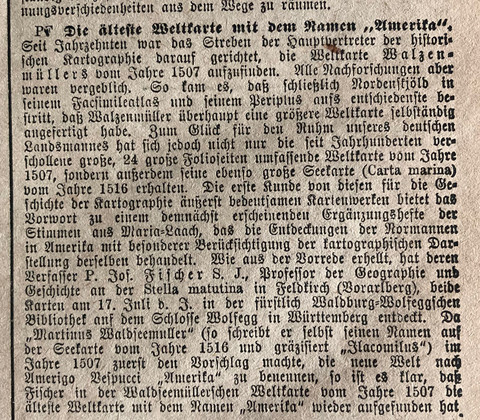 Ein Scan von dem Artikel der Kölnischen Volkszeitung über den Fund der Waldseemüllerkarte von 1507, erschienen im Jahre 1901 in der Abendausgabe unter der Rubrik "Welt und Wissen".
