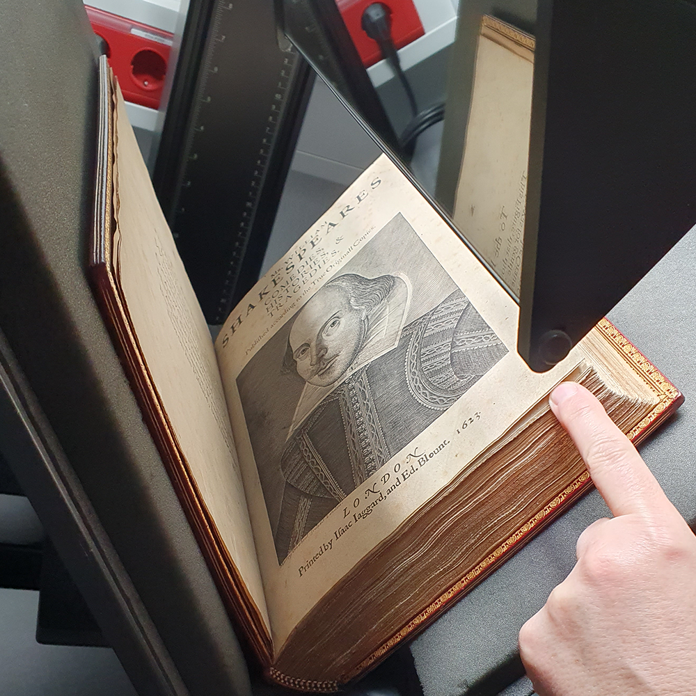 A photo of the First Folio digitisation process.