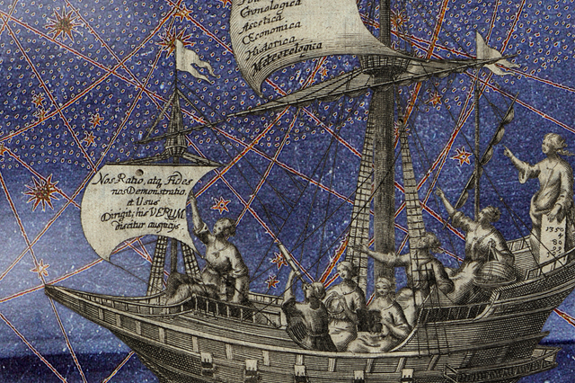 Kupferstich einer Sternenkarte in Blau. Im Vordergrund ein ausschließlich mit Frauen besetztes Schiff.