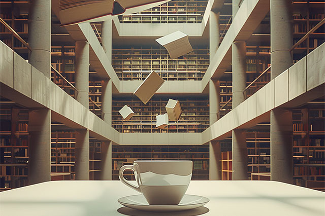 Bücher, die aus großer Höhe in eine Kaffeetasse fallen