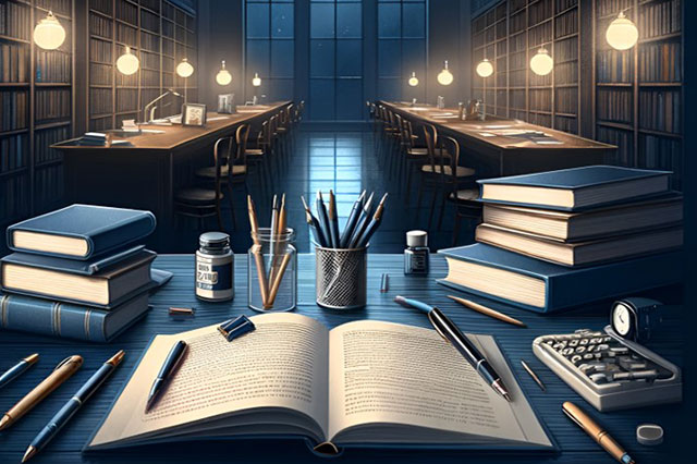 Bücher auf Schreibtisch liegend in der Dunkelheit, nur wenig kleine Lampen sind an 